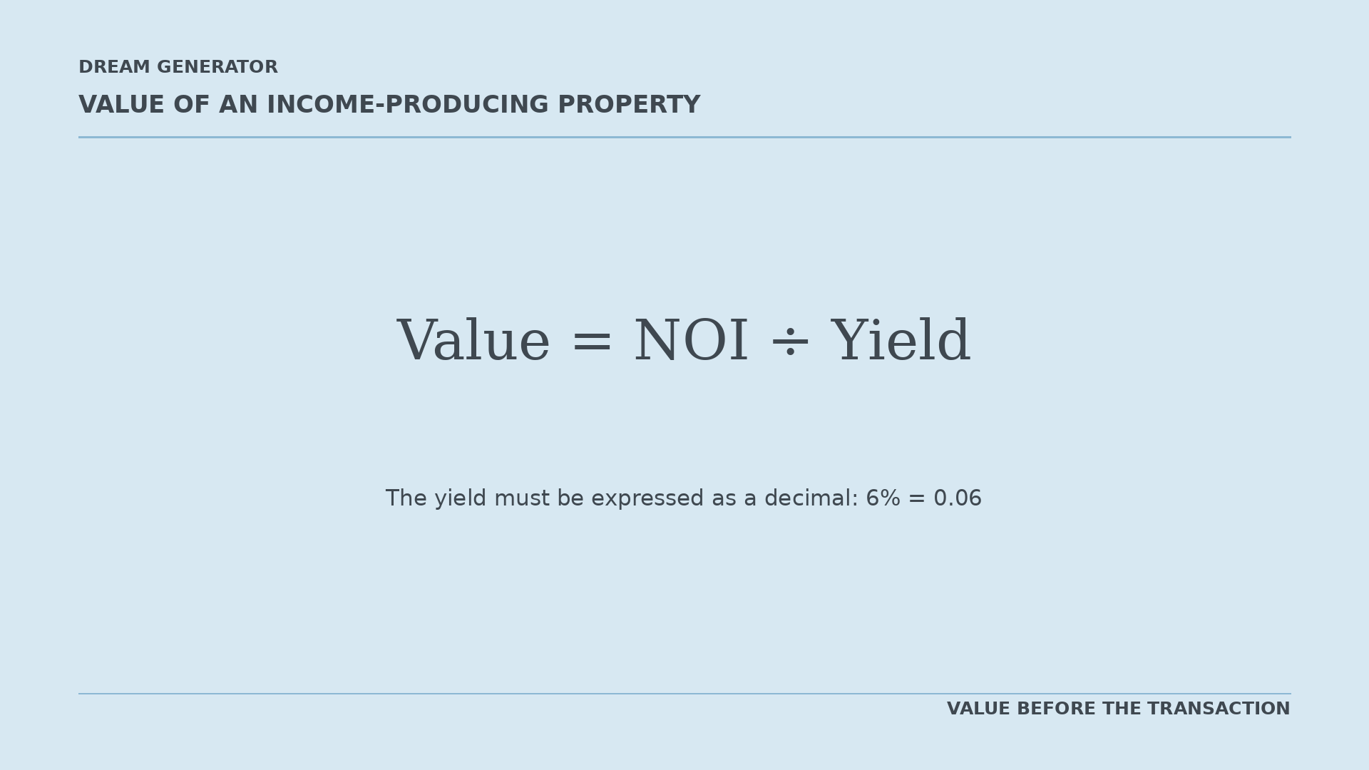 Formula: the value of an income-producing property equals net operating income divided by the yield.