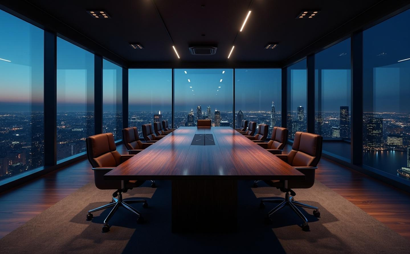 A private boardroom at dusk, its full-height windows overlooking an international city skyline